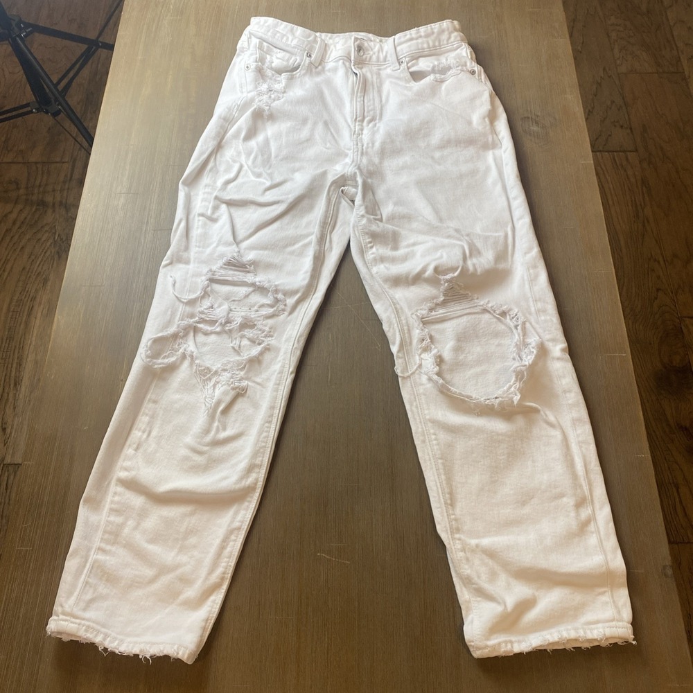 American Eagle Mom Jeans Women's 12 High Rise White Destroyed Stretch‎ Comfort